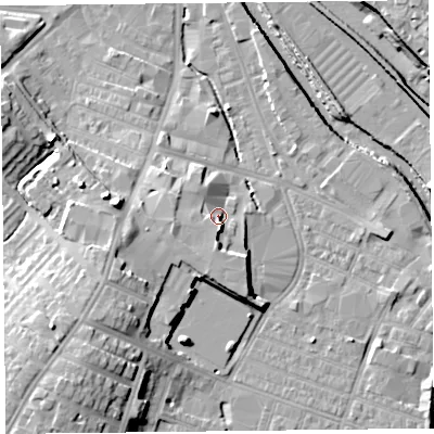 Shaded relief map of the ground around CA25ND, computed from Environment Agency LiDAR. The ground here sits at about 19 m above sea level and falls 17 m across the surrounding 800 m. Surface water reaching this point runs off ground lying to the south, 4.3 m higher.