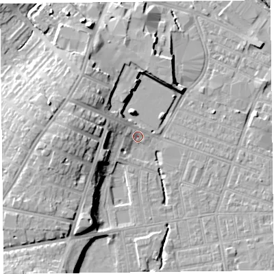 Shaded relief map of the ground around CA25NE, computed from Environment Agency LiDAR. The ground here sits at about 17 m above sea level and falls 17 m across the surrounding 800 m. Surface water reaching this point runs off ground lying to the west, 11.5 m higher.