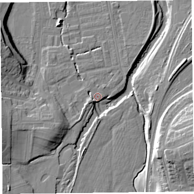Shaded relief map of the ground around CA25NF, computed from Environment Agency LiDAR. The ground here sits at about 19 m above sea level and falls 21 m across the surrounding 800 m. Surface water reaching this point runs off ground lying to the west-south-west, 2.2 m higher.