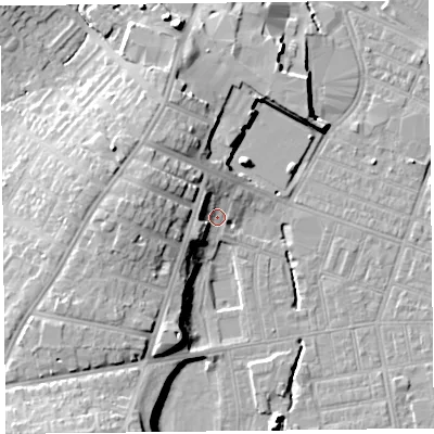Shaded relief map of the ground around CA25NG, computed from Environment Agency LiDAR. The ground here sits at about 18 m above sea level and falls 18 m across the surrounding 800 m. Surface water reaching this point runs off ground lying to the west, 10.1 m higher.