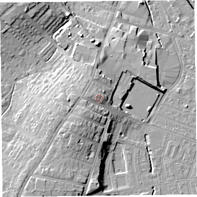 Shaded relief map of the ground around CA25NH, computed from Environment Agency LiDAR. The ground here sits at about 24 m above sea level and falls 17 m across the surrounding 800 m. Surface water reaching this point runs off ground lying to the south-west, 5.1 m higher.