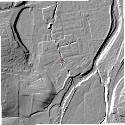 Shaded relief map of the ground around CA25NQ, computed from Environment Agency LiDAR. The ground here sits at about 18 m above sea level and falls 20 m across the surrounding 800 m. Surface water reaching this point runs off ground lying to the south-south-west, 8.6 m higher.