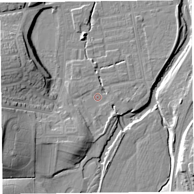 Shaded relief map of the ground around CA25NZ, computed from Environment Agency LiDAR. The ground here sits at about 19 m above sea level and falls 21 m across the surrounding 800 m. Surface water reaching this point runs off ground lying to the south-south-west, 8.6 m higher.