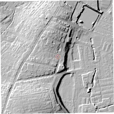 Shaded relief map of the ground around CA25PD, computed from Environment Agency LiDAR. The ground here sits at about 24 m above sea level and falls 18 m across the surrounding 800 m. Surface water reaching this point runs off ground lying to the north-north-west, 3.8 m higher.