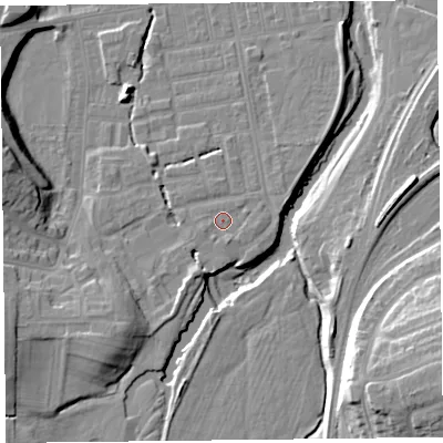 Shaded relief map of the ground around CA25PS, computed from Environment Agency LiDAR. The ground here sits at about 19 m above sea level and falls 21 m across the surrounding 800 m. Surface water reaching this point runs off ground lying to the south-south-west, 3.5 m higher.