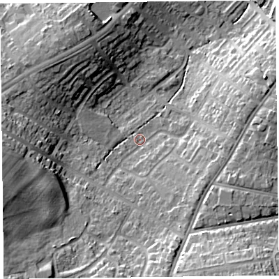 Shaded relief map of the ground around CA25QS, computed from Environment Agency LiDAR. The ground here sits at about 20 m above sea level and falls 18 m across the surrounding 800 m. Surface water reaching this point runs off ground lying to the west-south-west, 13.9 m higher.