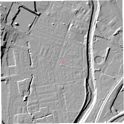 Shaded relief map of the ground around CA25QU, computed from Environment Agency LiDAR. The ground here sits at about 17 m above sea level and falls 12 m across the surrounding 800 m. Surface water reaching this point runs off ground lying to the east-south-east, 1.1 m higher.
