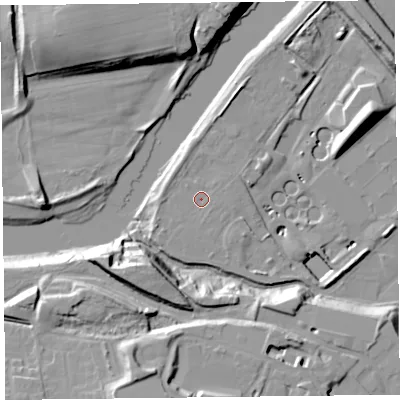 Shaded relief map of the ground around CA25RN, computed from Environment Agency LiDAR. The ground here sits at about 12 m above sea level and falls 24 m across the surrounding 800 m. Surface water reaching this point runs off ground lying to the north-east, 0.8 m higher.