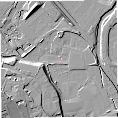 Shaded relief map of the ground around CA25RS, computed from Environment Agency LiDAR. The ground here sits at about 12 m above sea level and falls 22 m across the surrounding 800 m. Surface water reaching this point runs off ground lying to the north, 8.1 m higher.