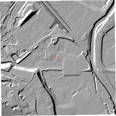 Shaded relief map of the ground around CA25RT, computed from Environment Agency LiDAR. The ground here sits at about 12 m above sea level and falls 22 m across the surrounding 800 m. Surface water reaching this point runs off ground lying to the north-north-west, 8.2 m higher.