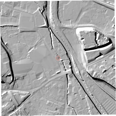 Shaded relief map of the ground around CA25RY, computed from Environment Agency LiDAR. The ground here sits at about 13 m above sea level and falls 19 m across the surrounding 800 m. Surface water reaching this point runs off ground lying to the south-west, 13.2 m higher.