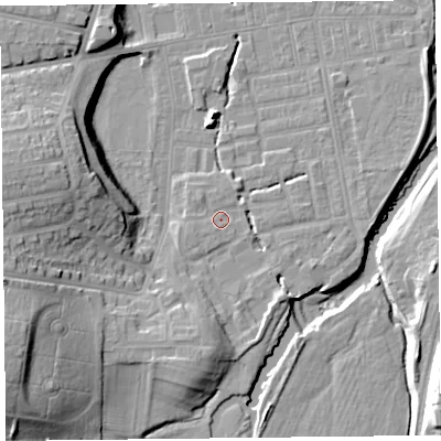 Shaded relief map of the ground around CA25SA, computed from Environment Agency LiDAR. The ground here sits at about 19 m above sea level and falls 22 m across the surrounding 800 m. Surface water reaching this point runs off ground lying to the north-west, 0.9 m higher.