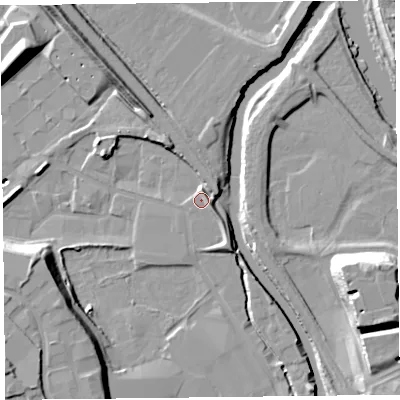 Shaded relief map of the ground around CA25SD, computed from Environment Agency LiDAR. The ground here sits at about 13 m above sea level and falls 18 m across the surrounding 800 m. Surface water reaching this point runs off ground lying to the east-south-east, 2.7 m higher.