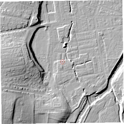 Shaded relief map of the ground around CA25SF, computed from Environment Agency LiDAR. The ground here sits at about 18 m above sea level and falls 22 m across the surrounding 800 m. Surface water reaching this point runs off ground lying to the east, 2.0 m higher.