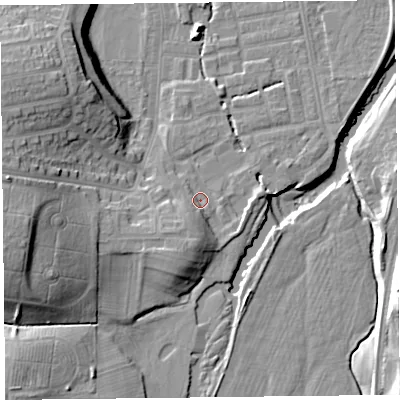 Shaded relief map of the ground around CA25SG, computed from Environment Agency LiDAR. The ground here sits at about 20 m above sea level and falls 22 m across the surrounding 800 m. Surface water reaching this point runs off ground lying to the south-south-west, 7.1 m higher.