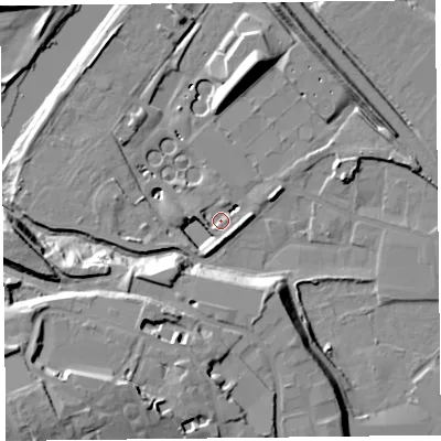 Shaded relief map of the ground around CA25SH, computed from Environment Agency LiDAR. The ground here sits at about 12 m above sea level and falls 24 m across the surrounding 800 m. Surface water reaching this point runs off ground lying to the east, 6.5 m higher.