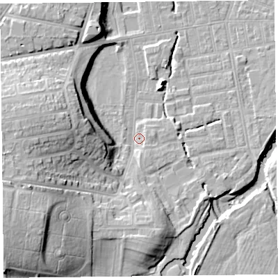 Shaded relief map of the ground around CA25SJ, computed from Environment Agency LiDAR. The ground here sits at about 18 m above sea level and falls 23 m across the surrounding 800 m. Surface water reaching this point runs off ground lying to the west-south-west, 19.9 m higher.