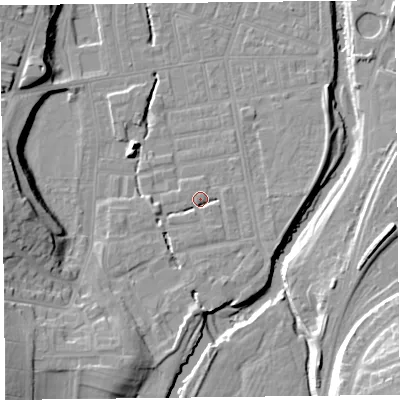 Shaded relief map of the ground around CA25SL, computed from Environment Agency LiDAR. The ground here sits at about 19 m above sea level and falls 21 m across the surrounding 800 m. Surface water reaching this point runs off ground lying to the south-south-east, 2.0 m higher.