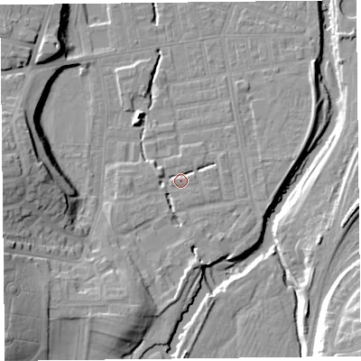 Shaded relief map of the ground around CA25SN, computed from Environment Agency LiDAR. The ground here sits at about 19 m above sea level and falls 21 m across the surrounding 800 m. Surface water reaching this point runs off ground lying to the west-north-west, 2.6 m higher.
