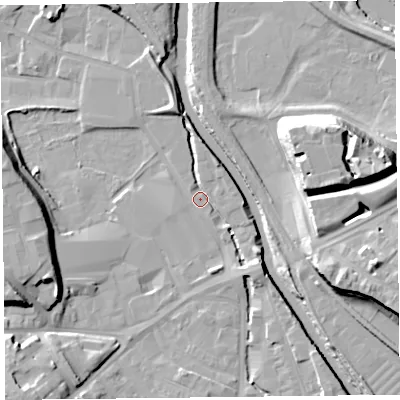 Shaded relief map of the ground around CA25SQ, computed from Environment Agency LiDAR. The ground here sits at about 13 m above sea level and falls 19 m across the surrounding 800 m. Surface water reaching this point runs off ground lying to the south-west, 12.9 m higher.