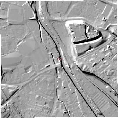 Shaded relief map of the ground around CA25SR, computed from Environment Agency LiDAR. The ground here sits at about 14 m above sea level and falls 18 m across the surrounding 800 m. Surface water reaching this point runs off ground lying to the south-east, 6.4 m higher.