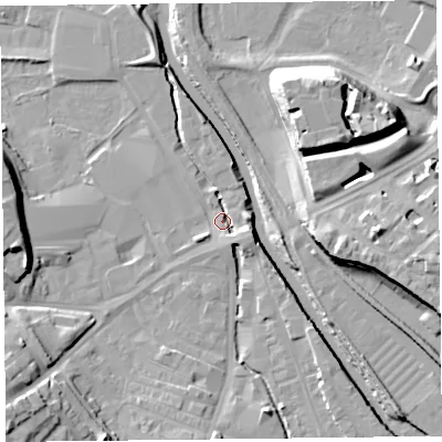 Shaded relief map of the ground around CA25SS, computed from Environment Agency LiDAR. The ground here sits at about 13 m above sea level and falls 18 m across the surrounding 800 m. Surface water reaching this point runs off ground lying to the east-south-east, 5.1 m higher.