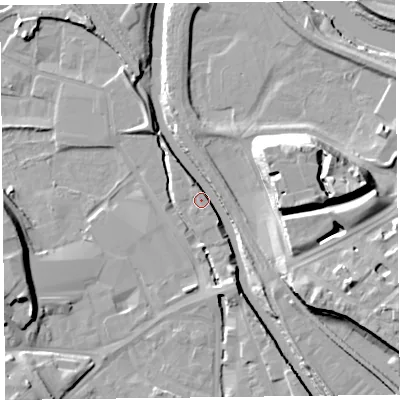 Shaded relief map of the ground around CA25SW, computed from Environment Agency LiDAR. The ground here sits at about 14 m above sea level and falls 19 m across the surrounding 800 m. Surface water reaching this point runs off ground lying to the south-east, 13.0 m higher.