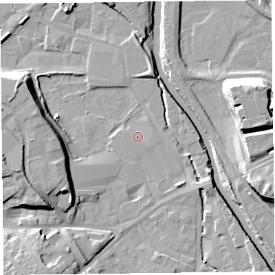 Shaded relief map of the ground around CA25SX, computed from Environment Agency LiDAR. The ground here sits at about 13 m above sea level and falls 17 m across the surrounding 800 m. Surface water reaching this point runs off ground lying to the south-east, 1.1 m higher.