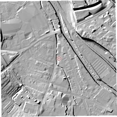 Shaded relief map of the ground around CA25TE, computed from Environment Agency LiDAR. The ground here sits at about 13 m above sea level and falls 17 m across the surrounding 800 m. Surface water reaching this point runs off ground lying to the south-south-west, 12.6 m higher.