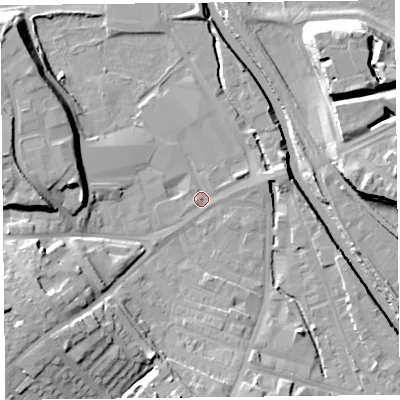Shaded relief map of the ground around CA25TF, computed from Environment Agency LiDAR. The ground here sits at about 13 m above sea level and falls 17 m across the surrounding 800 m. Surface water reaching this point runs off ground lying to the south-west, 12.9 m higher.