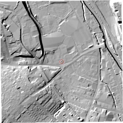 Shaded relief map of the ground around CA25TG, computed from Environment Agency LiDAR. The ground here sits at about 13 m above sea level and falls 16 m across the surrounding 800 m. Surface water reaching this point runs off ground lying to the south-west, 12.1 m higher.