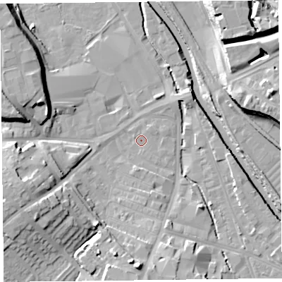 Shaded relief map of the ground around CA25TJ, computed from Environment Agency LiDAR. The ground here sits at about 13 m above sea level and falls 17 m across the surrounding 800 m. Surface water reaching this point runs off ground lying to the south, 2.0 m higher.