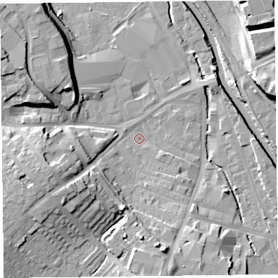 Shaded relief map of the ground around CA25TL, computed from Environment Agency LiDAR. The ground here sits at about 13 m above sea level and falls 15 m across the surrounding 800 m. Surface water reaching this point runs off ground lying to the south-east, 2.7 m higher.