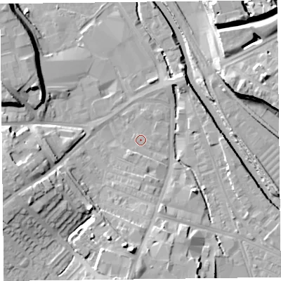 Shaded relief map of the ground around CA25TN, computed from Environment Agency LiDAR. The ground here sits at about 14 m above sea level and falls 17 m across the surrounding 800 m. Surface water reaching this point runs off ground lying to the north-east, 0.7 m higher.