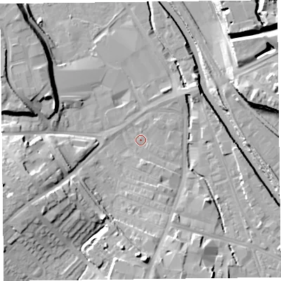 Shaded relief map of the ground around CA25TP, computed from Environment Agency LiDAR. The ground here sits at about 13 m above sea level and falls 17 m across the surrounding 800 m. Surface water reaching this point runs off ground lying to the south, 2.0 m higher.