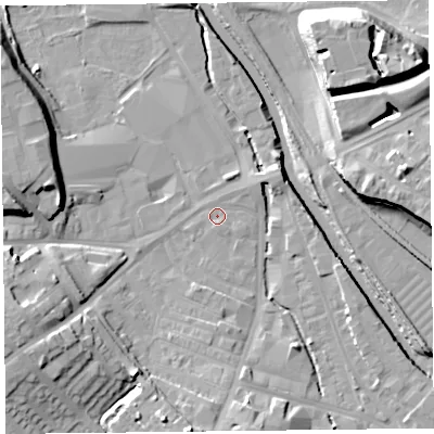 Shaded relief map of the ground around CA25TR, computed from Environment Agency LiDAR. The ground here sits at about 13 m above sea level and falls 17 m across the surrounding 800 m. Surface water reaching this point runs off ground lying to the south, 8.7 m higher.