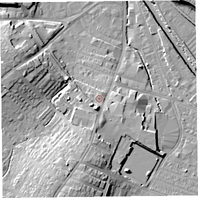 Shaded relief map of the ground around CA25TS, computed from Environment Agency LiDAR. The ground here sits at about 19 m above sea level and falls 17 m across the surrounding 800 m. Surface water reaching this point runs off ground lying to the south, 6.4 m higher.