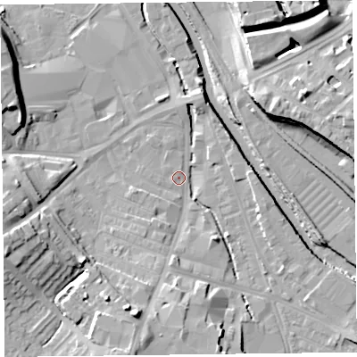 Shaded relief map of the ground around CA25TT, computed from Environment Agency LiDAR. The ground here sits at about 13 m above sea level and falls 17 m across the surrounding 800 m. Surface water reaching this point runs off ground lying to the south-south-west, 12.6 m higher.