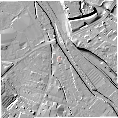 Shaded relief map of the ground around CA25TU, computed from Environment Agency LiDAR. The ground here sits at about 14 m above sea level and falls 17 m across the surrounding 800 m. Surface water reaching this point runs off ground lying to the north-north-east, 2.4 m higher.