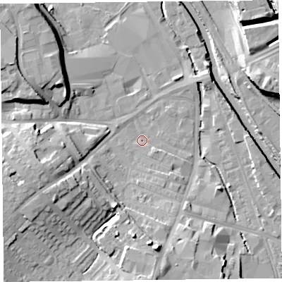 Shaded relief map of the ground around CA25TW, computed from Environment Agency LiDAR. The ground here sits at about 13 m above sea level and falls 17 m across the surrounding 800 m. Surface water reaching this point runs off ground lying to the south-east, 2.0 m higher.