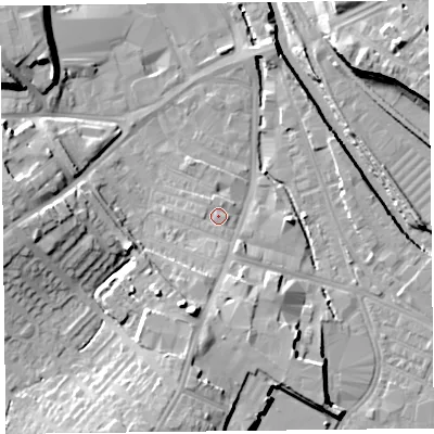 Shaded relief map of the ground around CA25TX, computed from Environment Agency LiDAR. The ground here sits at about 15 m above sea level and falls 16 m across the surrounding 800 m. Surface water reaching this point runs off ground lying to the south, 1.2 m higher.