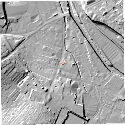 Shaded relief map of the ground around CA25TY, computed from Environment Agency LiDAR. The ground here sits at about 14 m above sea level and falls 15 m across the surrounding 800 m. Surface water reaching this point runs off ground lying to the south-south-west, 11.3 m higher.
