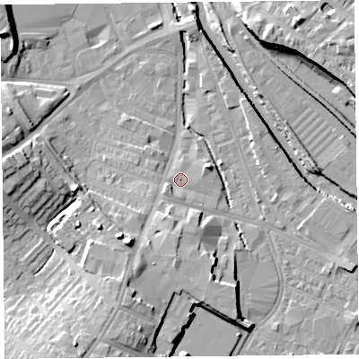 Shaded relief map of the ground around CA25TZ, computed from Environment Agency LiDAR. The ground here sits at about 15 m above sea level and falls 17 m across the surrounding 800 m. Surface water reaching this point runs off ground lying to the south-west, 3.0 m higher.