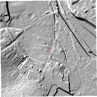 Shaded relief map of the ground around CA25UB, computed from Environment Agency LiDAR. The ground here sits at about 15 m above sea level and falls 15 m across the surrounding 800 m. Surface water reaching this point runs off ground lying to the south-south-west, 11.3 m higher.