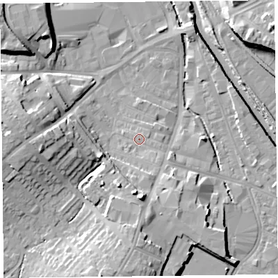 Shaded relief map of the ground around CA25UF, computed from Environment Agency LiDAR. The ground here sits at about 15 m above sea level and falls 17 m across the surrounding 800 m. Surface water reaching this point runs off ground lying to the south-south-east, 3.1 m higher.