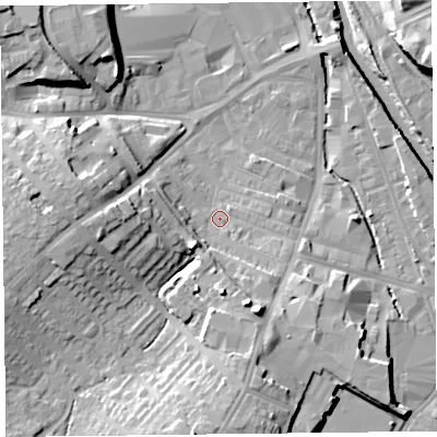 Shaded relief map of the ground around CA25UJ, computed from Environment Agency LiDAR. The ground here sits at about 15 m above sea level and falls 17 m across the surrounding 800 m. Surface water reaching this point runs off ground lying to the south-south-east, 10.3 m higher.
