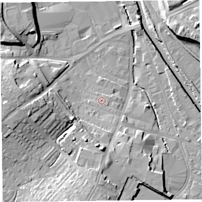 Shaded relief map of the ground around CA25UL, computed from Environment Agency LiDAR. The ground here sits at about 15 m above sea level and falls 15 m across the surrounding 800 m. Surface water reaching this point runs off ground lying to the east-south-east, 1.2 m higher.