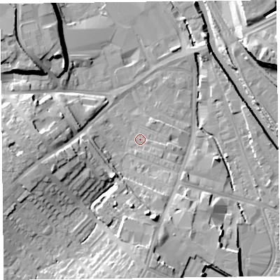 Shaded relief map of the ground around CA25UN, computed from Environment Agency LiDAR. The ground here sits at about 14 m above sea level and falls 14 m across the surrounding 800 m. Surface water reaching this point runs off ground lying to the south, 11.1 m higher.