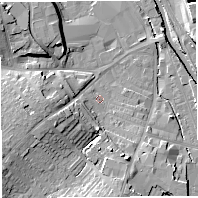 Shaded relief map of the ground around CA25UP, computed from Environment Agency LiDAR. The ground here sits at about 15 m above sea level and falls 16 m across the surrounding 800 m. Surface water reaching this point runs off ground lying to the south-south-east, 11.3 m higher.