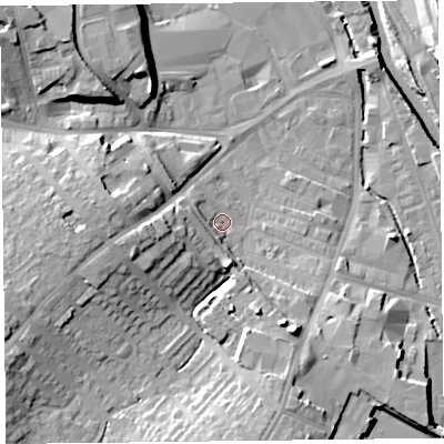 Shaded relief map of the ground around CA25UR, computed from Environment Agency LiDAR. The ground here sits at about 16 m above sea level and falls 16 m across the surrounding 800 m. Surface water reaching this point runs off ground lying to the west-south-west, 8.4 m higher.
